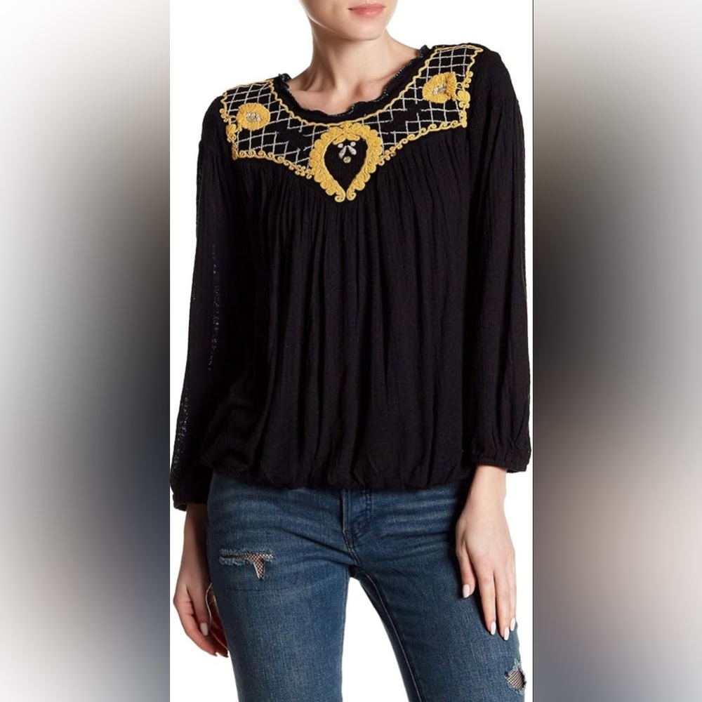 Free People Begonia Black Embroidered Top, Size‎ Small